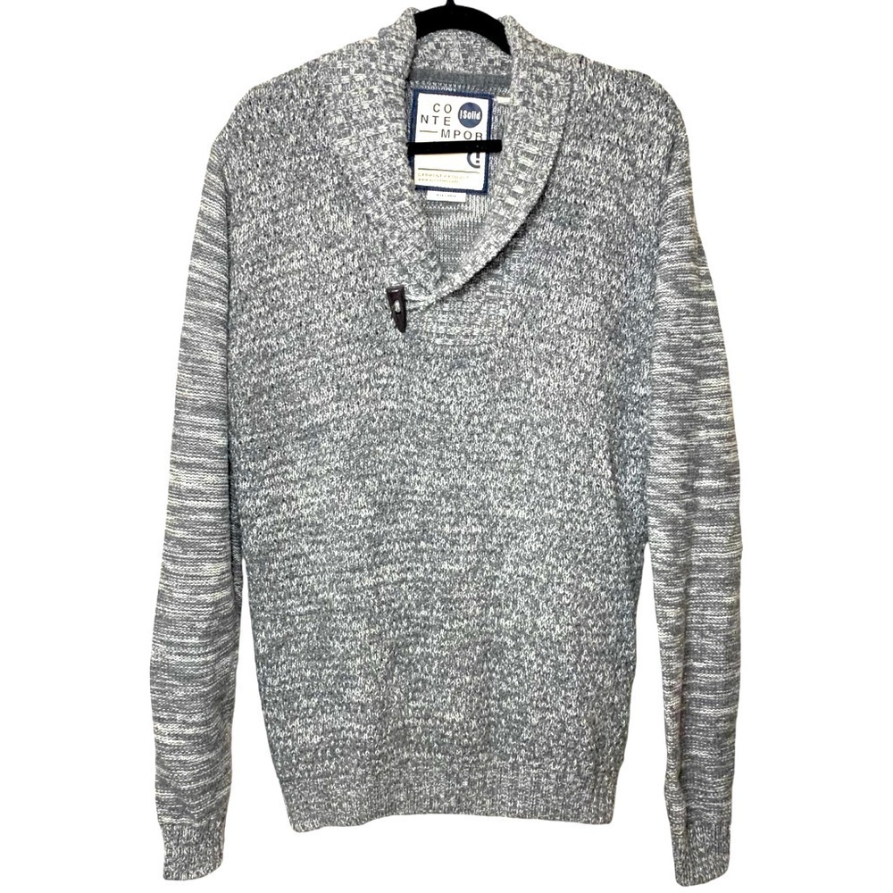 𝅺! Solid Knit Fisherman Sweater Pullover Men Sz L Wool Bld Gray Shawl Collar
𝅺